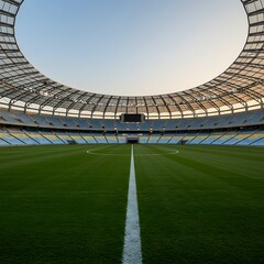 Fototapeta premium Empty modern stadium with lush green field, awaiting a sporting event under a clear sky.