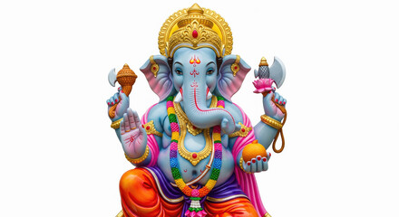 Colorful Lord Ganesh Idol with Traditional Ornaments and White Background