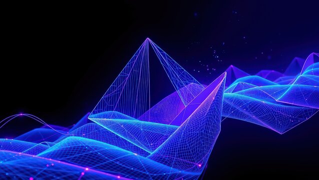 Abstract wireframe landscape with geometric shapes and neon blue and purple lighting on a black background