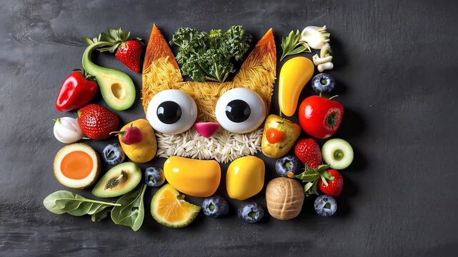 playful cat face made from colorful fruits and vegetables