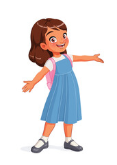 Happy cute Indian girl greeting with open arms. Cartoon vector illustration.