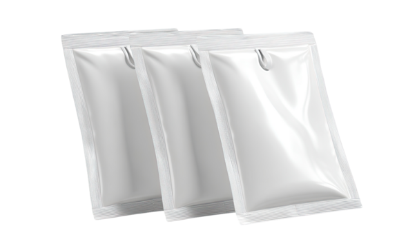 Three white, rectangular, foil-sealed pouches, slightly angled, each with a small loop