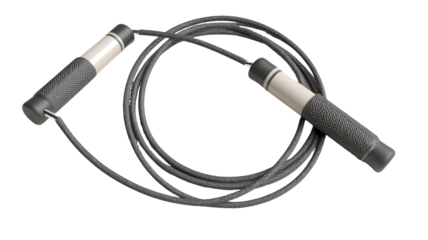 A jump rope with dark gray handles and a twisted rope