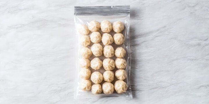 A sealed plastic bag contains a grid of small, frozen dumplings, neatly arranged. Frozen dumpling packaging, top view
