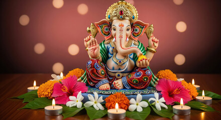 Obraz premium Colorful Lord Ganesh Idol with Flowers and Diya Lamps on Brown Background