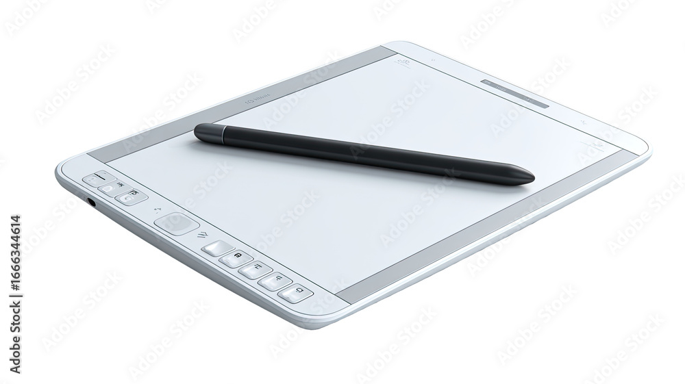 Fototapete Light gray tablet with stylus.  Flat, rectangular device with a blank, white drawing surface.  A black stylus rests on top of the tablet.  Control buttons are visible along the bottom edge