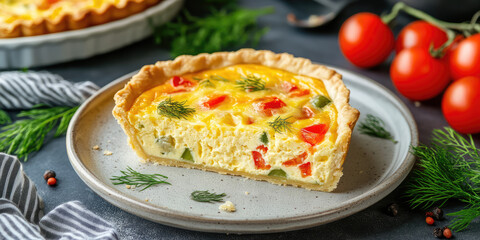 A slice of savory tart with vegetables and herbs is served on a ceramic plate. Fresh, delicious cuisine
