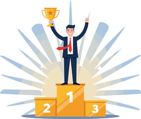 Successful businessman celebrating on the first place winners podium holding a gold trophy.