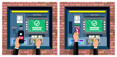 Naklejka premium Male hand using smartphone with online payment and withdrawing cash from ATM. Man making financial transaction at cash machine for banking service.