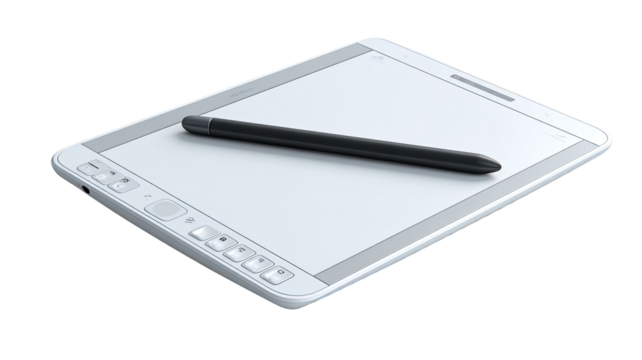 Light gray tablet with stylus.  Flat, rectangular device with a blank, white drawing surface.  A black stylus rests on top of the tablet.  Control buttons are visible along the bottom edge