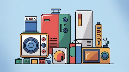 Retro Gadget Collection Featuring Colorful Icons and Unique Designs on a Light Blue Background Ready for Nostalgic Projects