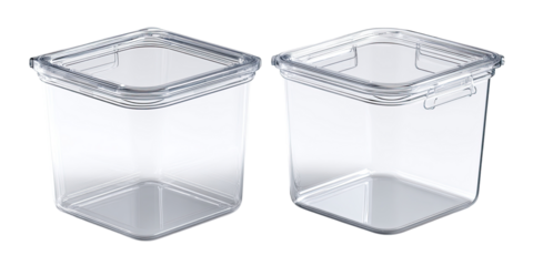 Two clear, square, plastic storage containers with lids