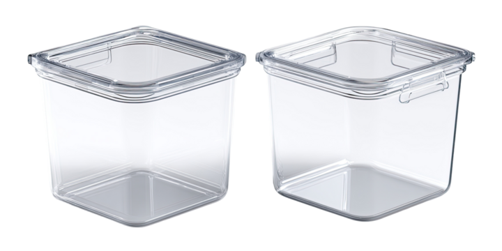 Two clear, square, plastic storage containers with lids