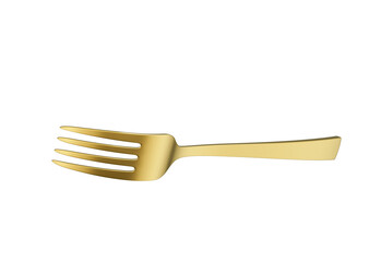 A sleek gold-plated fork with a reflective finish and a slightly curved handle. 3D Illustration