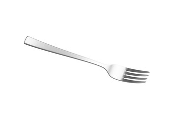 A sleek stainless steel fork with a reflective finish and a slightly curved handle. 3D Illustration