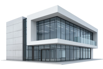 A modern three-story office building with large glass windows on transparent background, cutout