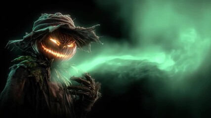 most sinister scarecrow with a pumpkin instead of a head Halloween with a smile, huge teeth, glowing green eyes, from which smoke comes out on a dark background