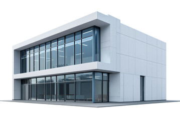 A modern three-story office building with large glass windows on transparent background, cutout