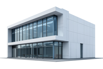 A modern three-story office building with large glass windows on transparent background, cutout