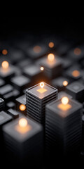 black buildings with glowing orange lights are interconnected, featuring a location pin symbol on one cube. Concept of digital navigation and technology