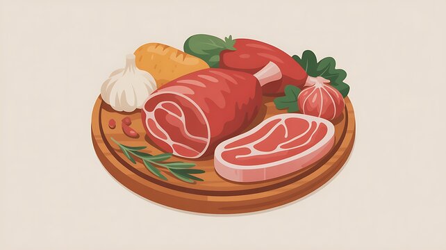 Fresh Meat and Vegetables Arrangement on a Wooden Board Food Preparation