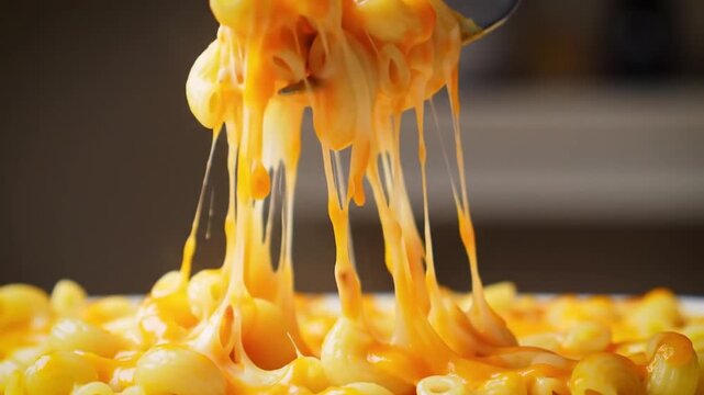 Dramatic Gooey Mac and Cheese Close-Up with Stretching Cheese Thread