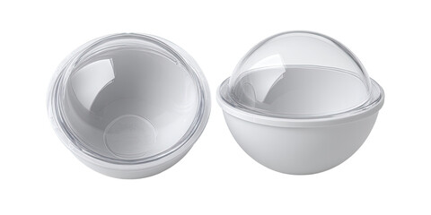 Two spherical white bowls with clear dome lids