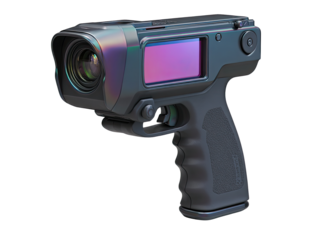 Futuristic pistol-shaped camera with iridescent lens and display