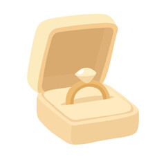 Flat vector illustration of golden engagement ring with diamond inside elegant ivory jewelry box.