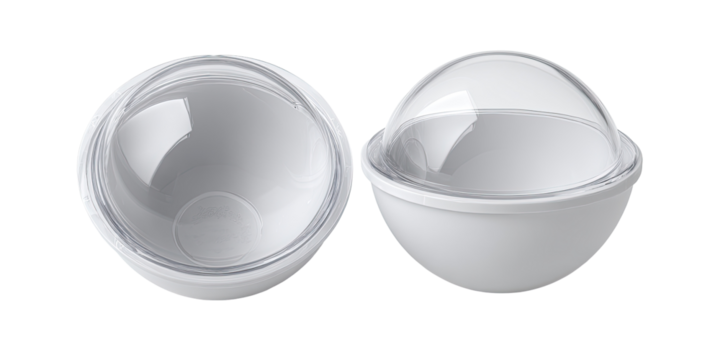 Two spherical white bowls with clear dome lids