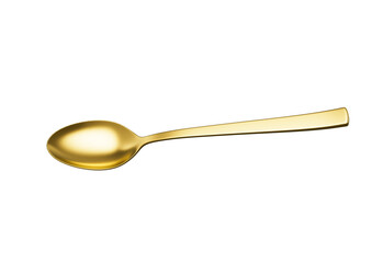 A shiny golden spoon with a reflective surface, slender handle and oval bowl. 3D Illustration.