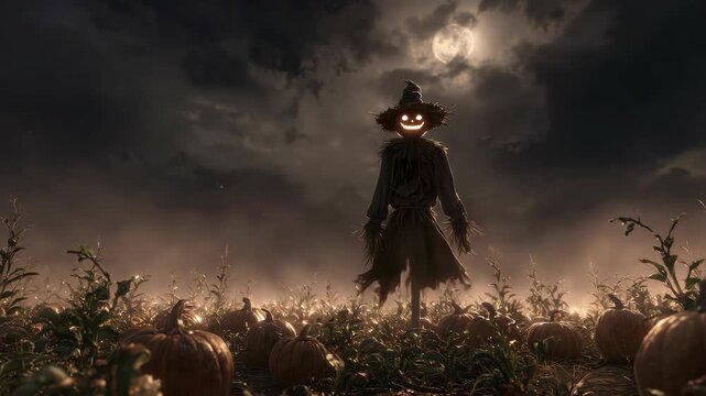 A spooky scarecrow with glowing eyes stands in the middle of an autumn pumpkin field at night, in the style of fantasy art