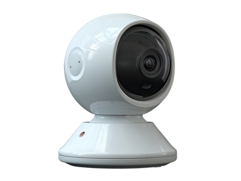 White, spherical security camera with a lens