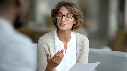 A compassionate female therapist asking insightful questions during a session