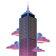 Obraz premium Metropolis Elevation: A towering skyscraper soars towards the heavens, its sleek silhouette complemented by geometric cloud formations, evoking a sense of innovation and metropolitan vibrancy.
