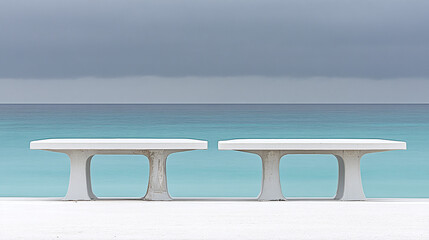 Contemplative Moment, Concrete Benches, Seaside, Photography, Tranquil Atmosphere, Straight-On View, Minimalism