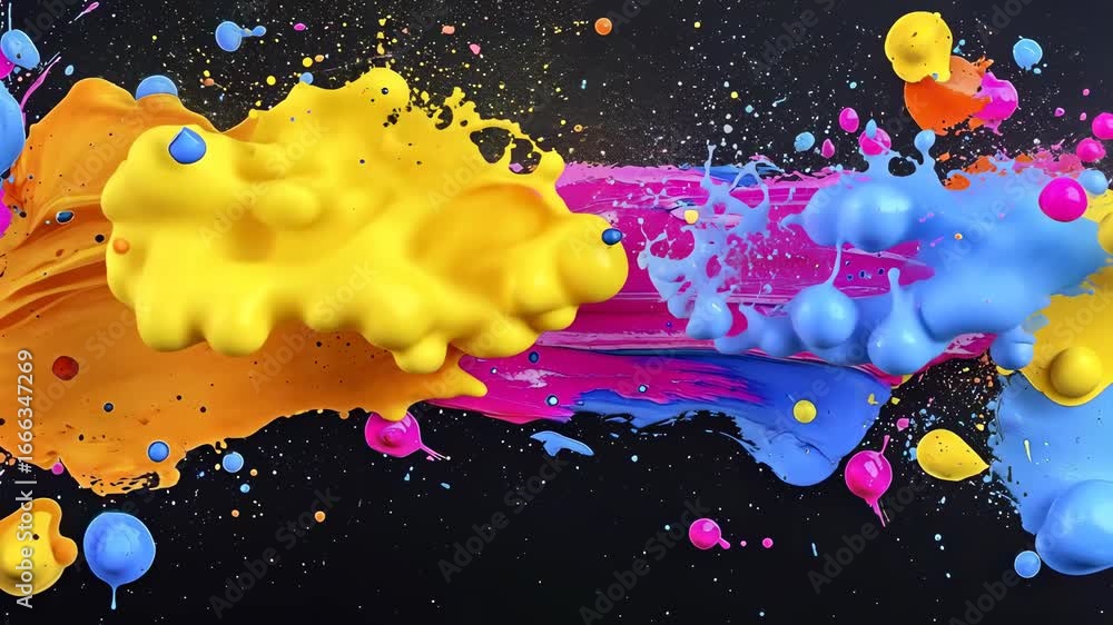 Poster vibrant splashes of color on a black background creating dynamic abstract art