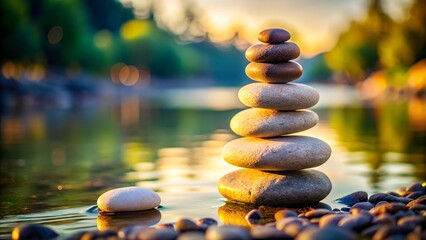 Obraz premium Stacked zen stones in water at sunset