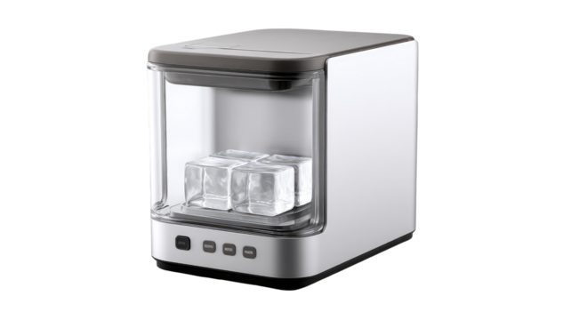 Small, white and gray ice maker.  Compact, modern appliance with ice cubes