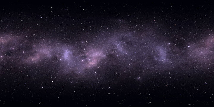 360 degree space nebula. Giant interstellar cloud with stars, equirectangular projection, environment map. Spherical panorama. 3D rendering, Fractal image