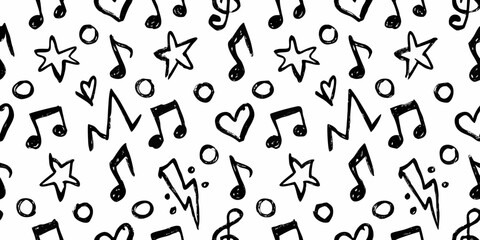 Hand Drawn Music Notes Stars Hearts and Circles Seamless Pattern