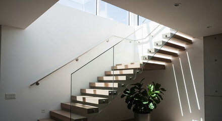 Modern floating staircase with glass railing and natural light

