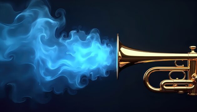 A golden trumpet with blue smoke coming out of it.