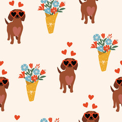 Colorful seamless vector pattern for Valentine's Day. Cute dachshund in heart shaped glasses and a bouquet of flowers on a light background. Love concept. Happy Valentine’s day.