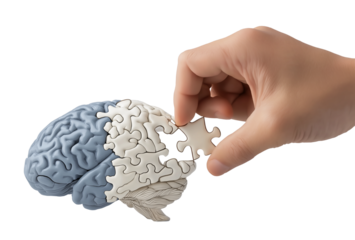 A hand places a puzzle piece into a corresponding cutout on an illustrated brain, symbolizing concepts