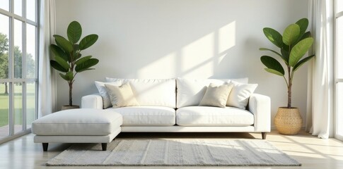 Clean white linen sofa, modern living room Bright, airy space , airy, white linen sofa