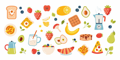 Colorful Breakfast Food Illustration with Fruits Pastries and Drinks