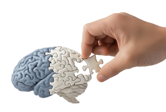 A hand places a puzzle piece into a corresponding cutout on an illustrated brain, symbolizing concepts