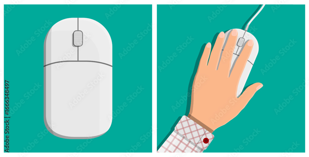 Poster white computer mouse and caucasian man hand using it. flat style computer accessory object. technolo
