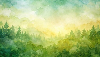 Fototapeta premium watercolor painting of a vibrant green and yellow misty forest
